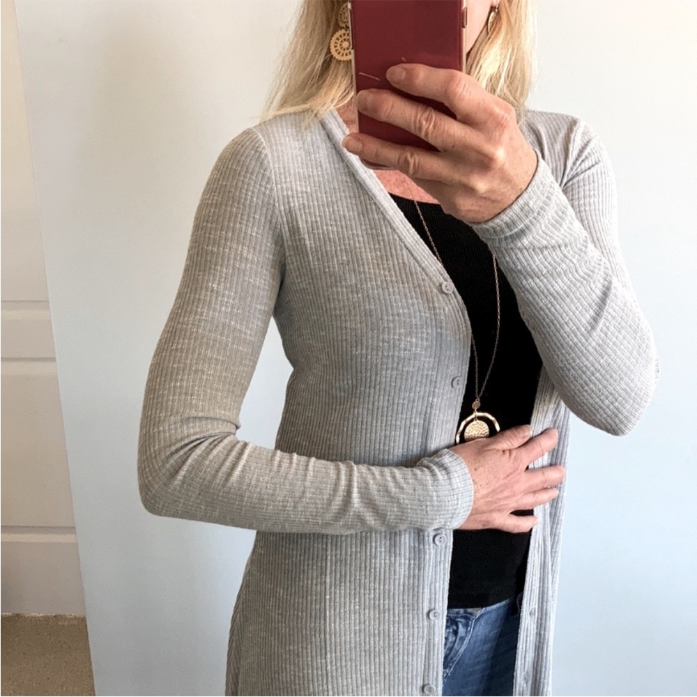 Ribbed Texture Long, V Neck Button Front Cardigan - Picture 8 of 8